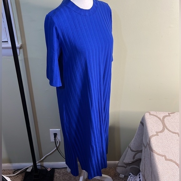 Eileen Fisher Ribbed Mock-Neck Dress Royal Blue Size medium Shift Short Sleeve - Picture 2 of 13